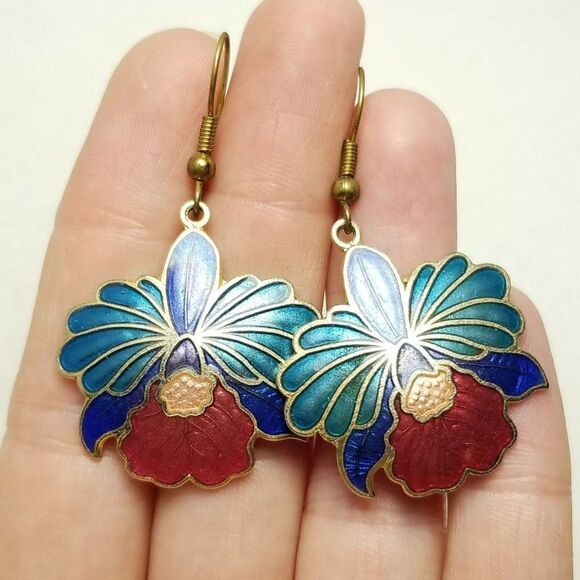 Vintage Colorful Enamel Floral Dangle Earrings, Tropical Flowers, Blue Red - Picture 6 of 6